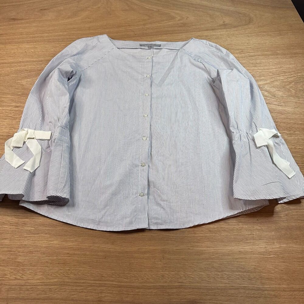Marc New York Andrew Marc Striped Blouse L Bell Sleeve Tie Blue White